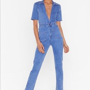Slim Sexy Denim Plunge Jumpsuit Sz M